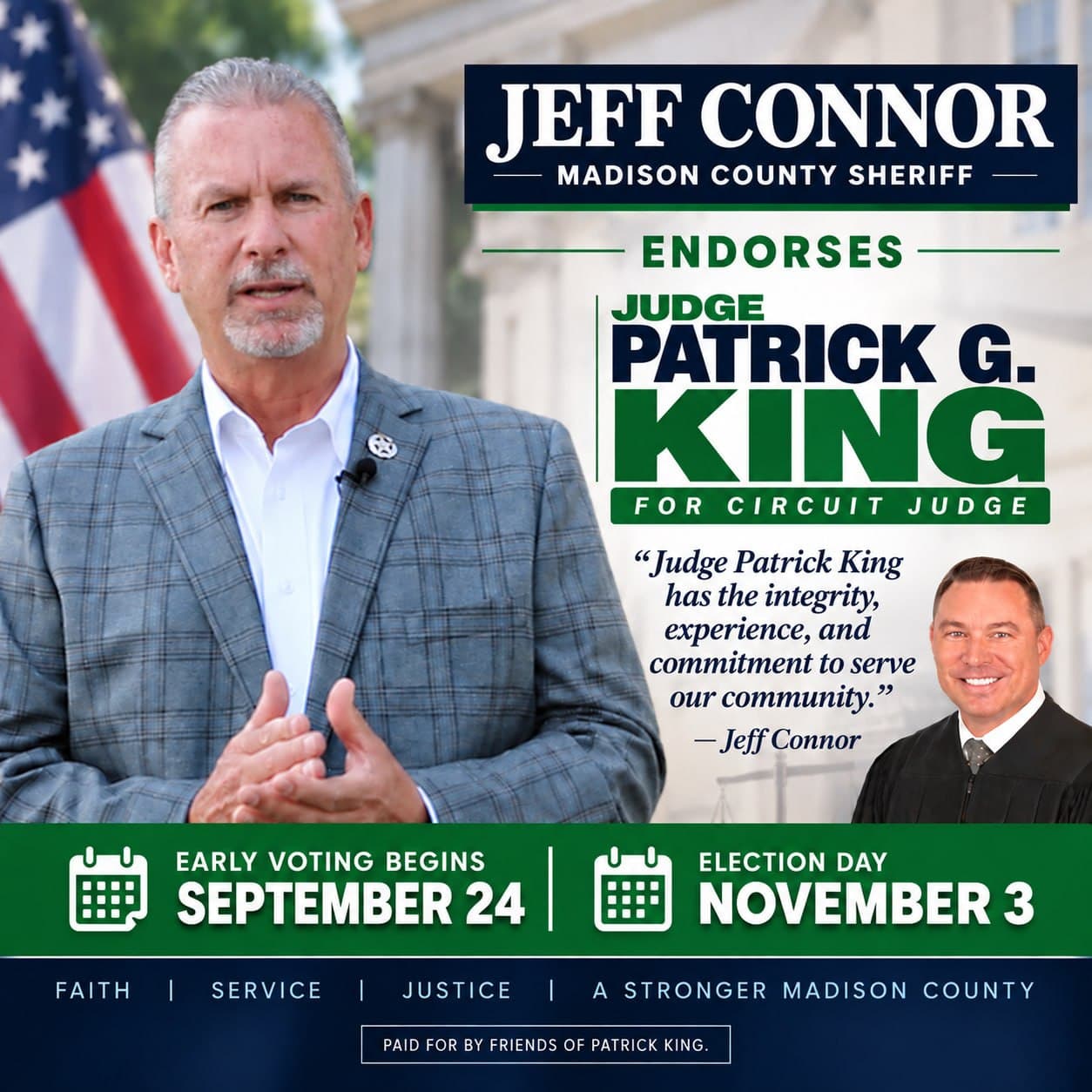 Jeff Connor Madison County Sheriff endorses Judge Patrick G. King campaign graphic