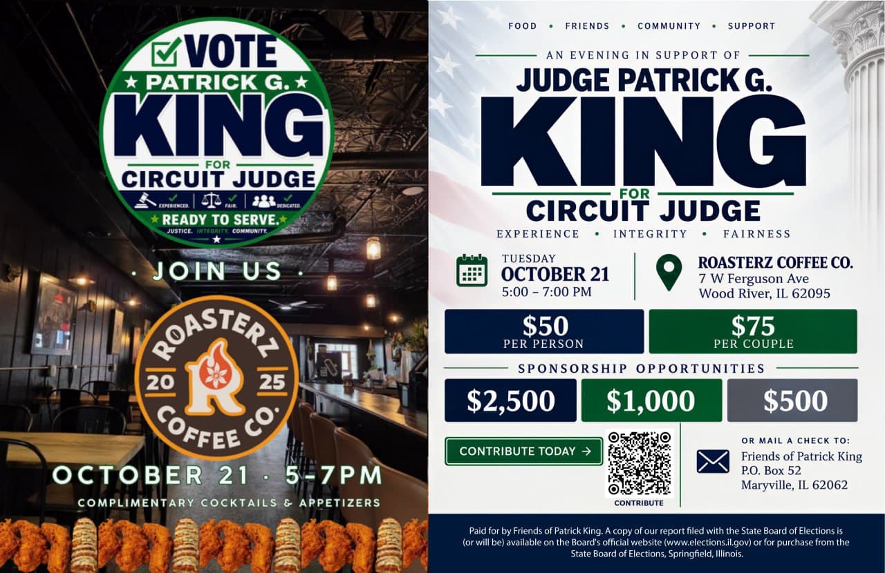Flyer for an evening in support of Judge Patrick G. King at Roasterz Coffee Co.